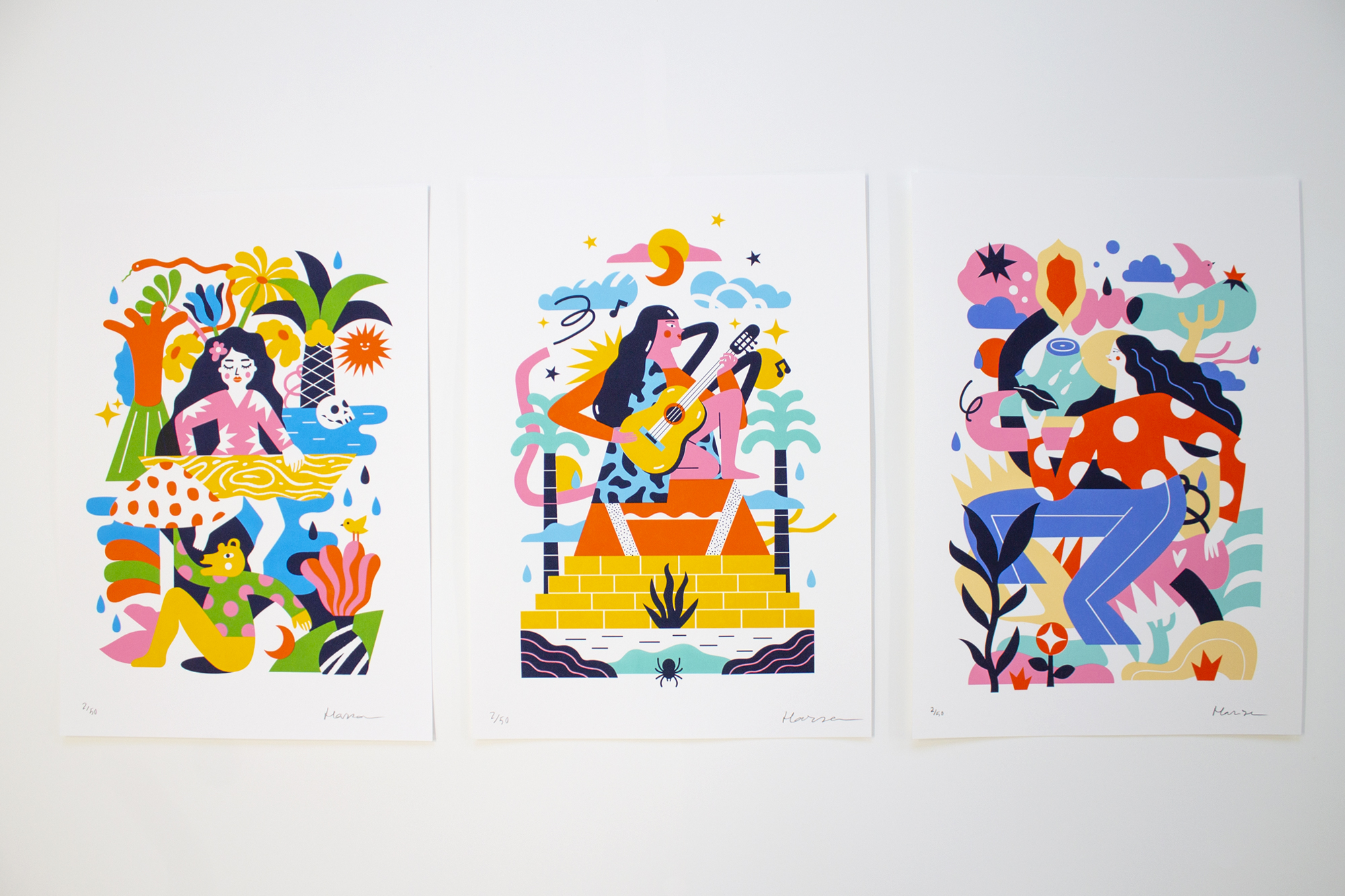 Tres serigrafías a seis tintas de la artista Harsa